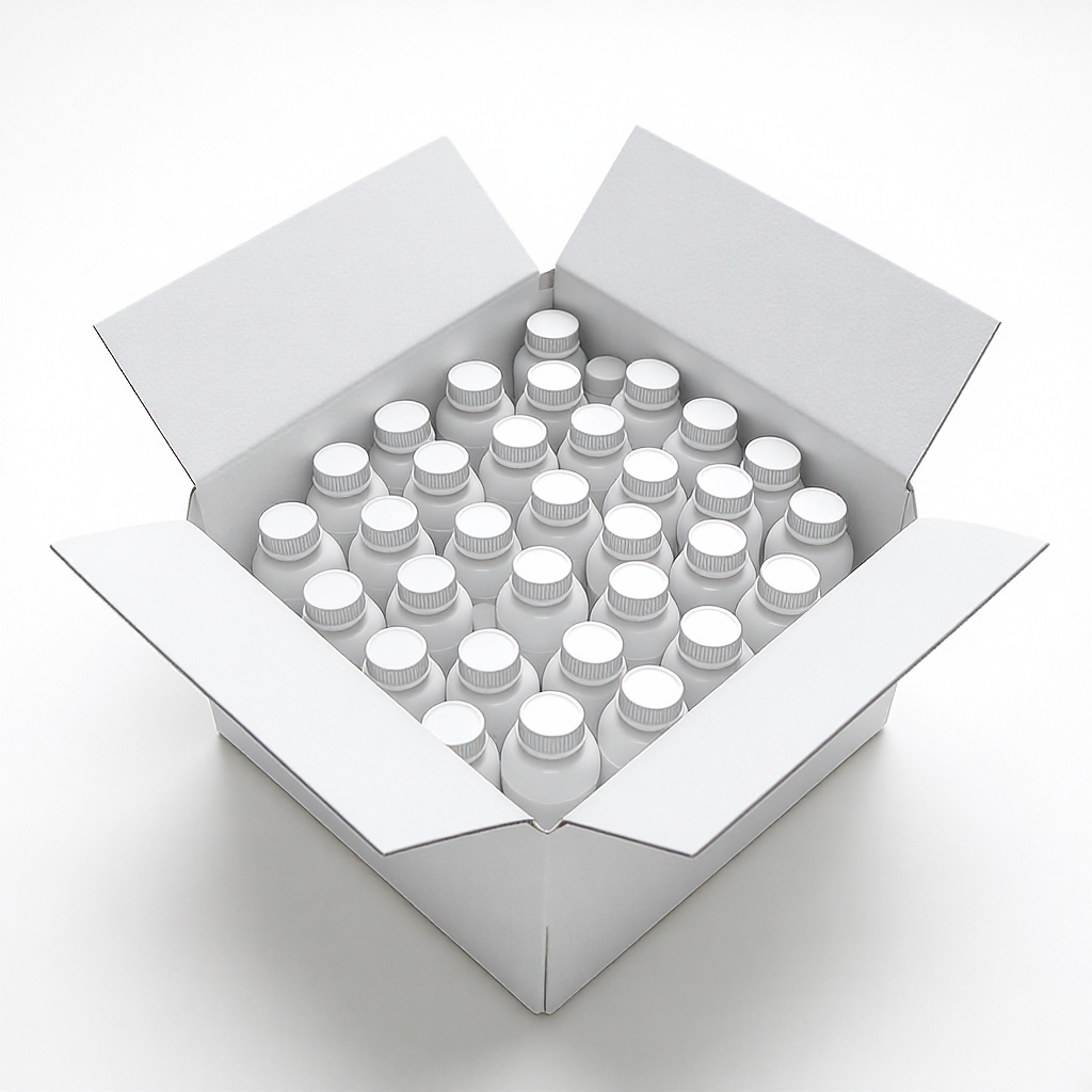 White bottles in packaging box