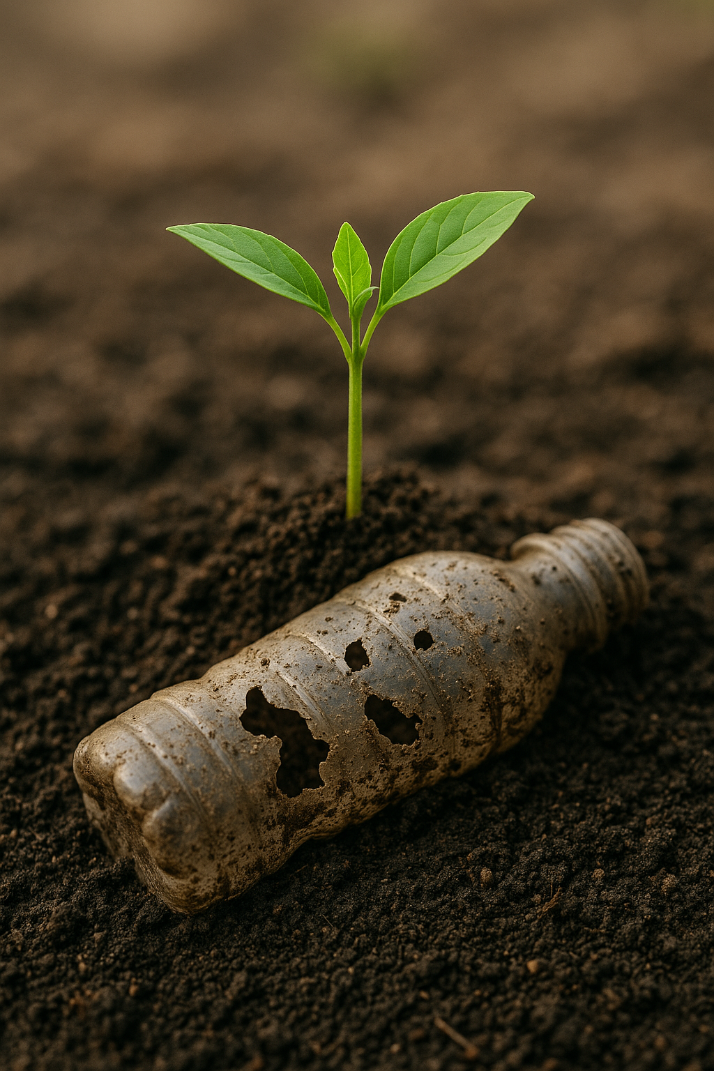 Plant growing on top of biodegrading bottle demonstrating environmental safety